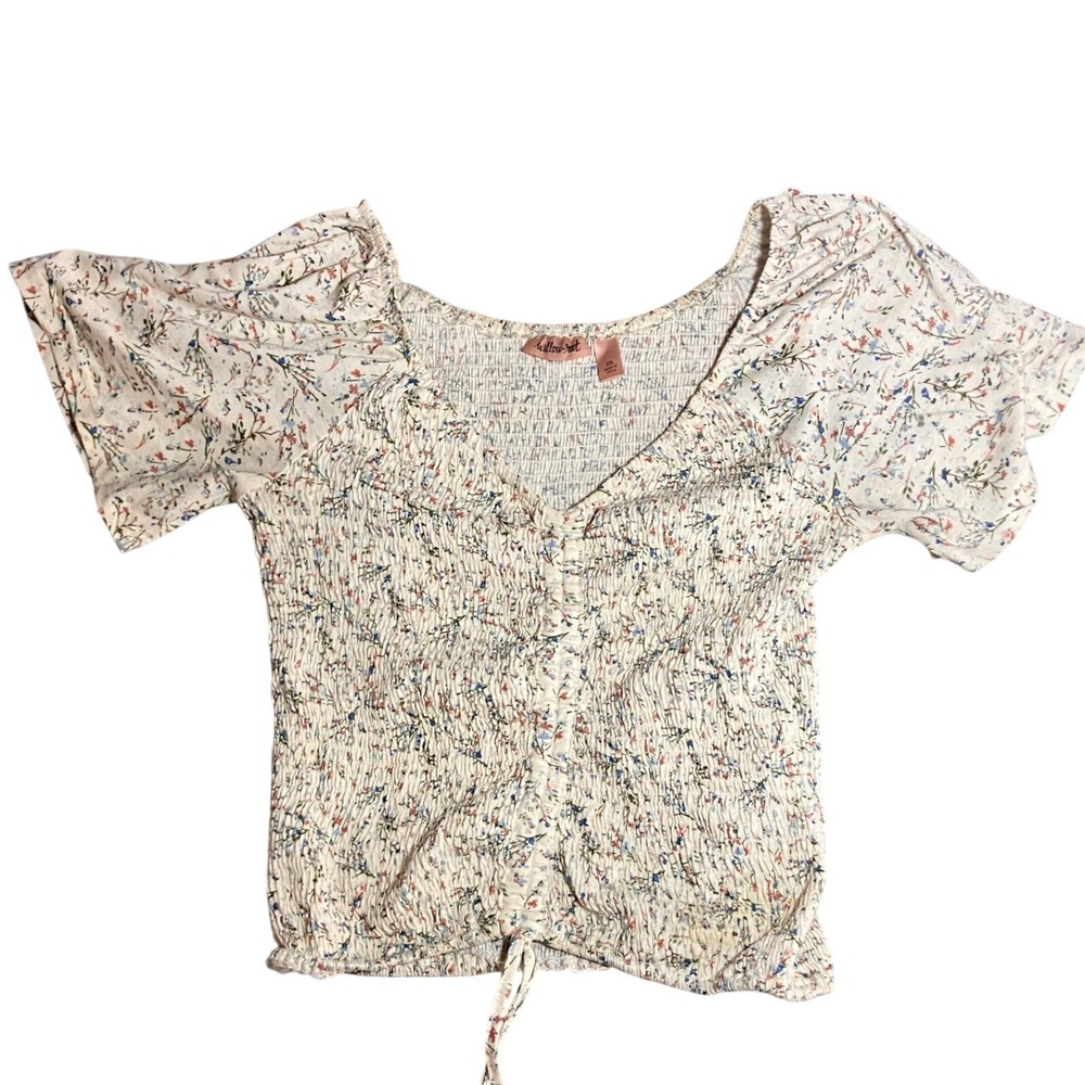 Willow-Root Floral Smocked Crop Top V-Neck Puff Sleeve M‎ Peasant Boho Cottage